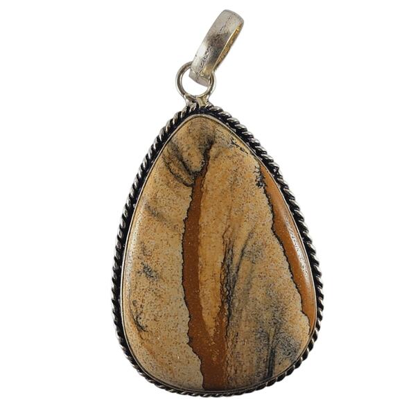 Sterling Silver Picture Jasper Pendant Teardrop Earth Tone 2.5" with Chain - Picture 2 of 9